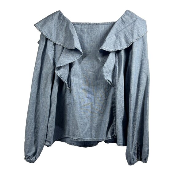 J Crew Women's Top Size XL 100% Cotton Denim Blue Ruffles Long Sleeve Pullover - Picture 2 of 8